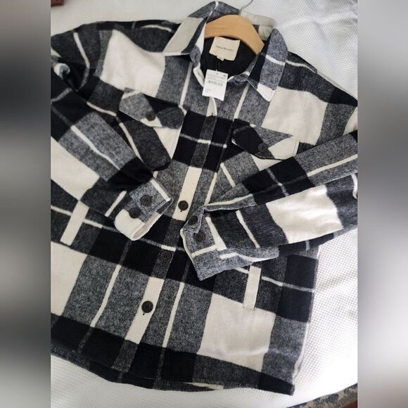 Thread and Supply shacket shirt jacket plaid front pockets size L black & cream - Picture 5 of 11